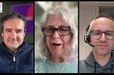 Three people are shown in a Medium video call, each in their panel. The person on the left, Antonio, has dark hair and a beard, the centre features Debra with long gray hair and glasses, while the right panel’s Andreas wears glasses and a headset.