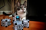 A cat sitting next to a toy robot