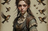 A girl with long untidy hair and wearing Victorian era clothing is surrounded by sparrows in flight.