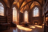 a magical library, ancient tomes, wooden floors, high shelves, mysterious light