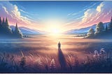 The image beautifully illustrates the theme of finding peace after a long struggle with mental illness, featuring a serene meadow at dawn with a single figure facing the horizon.
