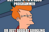 Meme: Suspicious Fry saying “Not sure if I’m a good programmer or just good at googling”.
