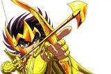 imagem: seiya com armadura de sagitário apontando a flecha dourada.