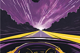 Two hands tightly grip the steering wheel of a car that’s speeding down the highway so fast that the rain falling from the purple sky is pouring horizontally.