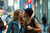 an image of two strangers recogizing each other by coincidence from a distance on a busy street