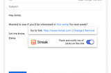Gmail email compose window showing Streak’s link tracking toggle UI