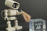 Robot dusting a crystal cube that reads Algol 68