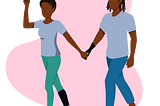 An illustration of a man and woman holding hands. The woman has a prosthetic leg and the man has a prosthetic hand.