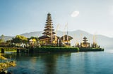 A Balinese landscape over a body of water