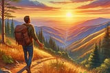 “A man happily hiking on a mountain trail in a forest, taking in a view of a golden sunset over a valley. He feels free, present and connected to nature and himself without distraction. Digital illustration painting depicting the peace of being fully in the moment.”