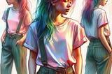 a teenage girl and 2 reflections of her — rainbow colored hair, a tee, and rolled up pants