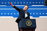 Elon Musk giving a Sieg Heil salute, also known as a Heil Hitler salute, or a Nazi salute, at the inauguration of President Trump in 2025.
