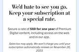 Screen capture of the Washington Post subscriber cancellation offer from Novemeber 2023.