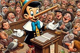 A picture of Pinocchio, his nose growing, preaching to a rapturous congregation.