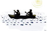 Pastel sketch: two paddlers in a canoe, silhouetted against the low-lying sun.