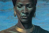 Portrait of a striking black woman with green and blue hues prominent. Her hair is in a scarfed updo. She wears gold; stoic.