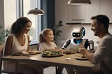 A happy family is sitting around at the dinner table with AI robots.