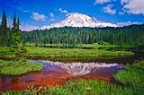 Monte Rainier nevado y bosque
