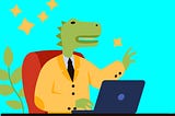 Illustration of a Dinosaur acting as an art director in front of a laptop.