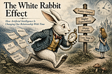 Illustration titled The White Rabbit Effect: How Artificial Intelligence Is Changing Our Relationship With Time. A white rabbit in Victorian clothing runs while holding a pocket watch, with papers labeled “Emails,” “Reports,” “Data Reviews,” “AI Output,” and “More Tasks” flying behind it. To the right, Alice stands facing a signpost with arrows reading “Faster Output,” “Higher Expectations,” “Always Available,” and “Less Time to Think.” A clock and castle appear in the background, evoking Alice