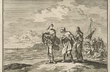 An etching of Jesus calling Peter and Andrew. Jesus, with a halo, looks over his shoulder at Peter and Andrew, who are standing behind them. In the background is a fishing boat with others on board.