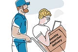 delivery man with a trolly and on it is a box with a person in it and on the box it says “monthly researcher delivery”