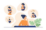 Ilustración: una mujer con coleta piensa. Sobre su cabeza: versiones de ella misma enamorada, triste, dubitativa y energizada