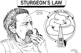 An Illustration pen drawing of Theodore Sturgeon looking to the right at his law. A pie chart with 90 percent of everything is carp, 10% is high quality. By Chris R. Becker ®2026 using procreate for drawing.
