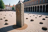 Monolith in a town square, covered with geodes