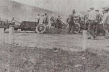 This photograph is of the most spectacular accident that occurred during the first Indianapolis 500.