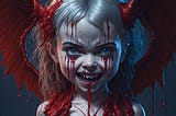 AI rendered image of a blonde girl with blue eyed and red wing-like horns. Blood trickles over her face and also pours from her mouth. She also very sharp teeth and smiles wickedly.