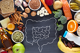 A picture of a colon drawn in chalk surrounded by fruits, vegetables, nuts, seeds and other foods indicative of gut health.