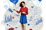 A woman standing in front of a web of buildings and hearts, intended to represent emotions and the customer experience journey.