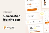 An image containing text: “Case study, Gamification learning app” on the left, and UI components on the right.