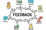 A picture showing feedback highlighted; with rating, comment, survey, opinion, response, idea and advice as ways to get it
