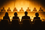 A wide, 16:9 silhouette illustration in warm yellow tones showing a Senate hearing room. Four witnesses sit at a table in the foreground — three women and one man — facing a raised dais. Across from them, a diverse group of senators, including women and men, sit behind desks. All figures appear as simplified shadows without facial detail, emphasizing roles and structure rather than individual identity.