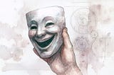 A watercolor illustration of a hand holding a smiling theater mask with faded mechanical blueprints in the background.