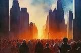 Watercolor illustration of a crowded street in the sunset light. By Julia Tochilina. Licenced from Adobe Stock.