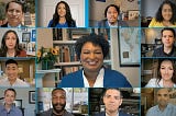 A photo shows young and diverse Democratic leaders including Stacey Abrams on one screen, like a Zoom call