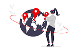 Illustration of woman standing next to a globe with pin point location settings.