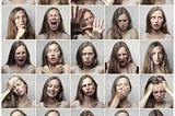 Grid of images of a blonde young woman experiencing many different emotions, including: anger, surprise, sadness, fear, joy, disgust, embarrassment, anxiety, happiness, shame, and more.