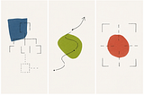 Abstract illustration featuring 3 panels, an org chart, a series of boxes in a tiered pyramid with connection lines, a curvy vector path, and a plus inside a rectangular corners reminicint of a printers registration mark. Each image has a abstract color shape overlaying them.