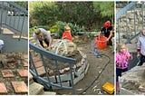 three-part collage: three people digging tiles, several people working on oven, a pile of sand surrounded by three people