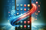 A futuristic image depicting a smartphone with a screen showing multiple app icons. One of the icons is dynamically changing, illustrating the concept of dynamic app icons. The transformation is highlighted by flowing digital effects, set against a sleek, technological backdrop.