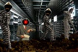 A magnified image of the inside of an automated backup tape library, with gleaming racks of silver tape drives receding into the distance. In the foreground is a pile of dirt being shoveled by three figures in prisoner’s stripes. Two of the figures’ heads have been replaced with cliche hacker-in-hoodie heads, from which shine yellow, inverted Amazon ‘smile’ logos, such that the smile is a frown. The remaining figure’s head has been replaced with a horse’s head. Behind the figure is an impatientl
