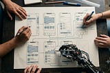 Three pairs of hands working on a UX wireframe — one pair of hands are robot