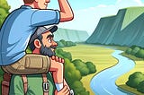 Cartoon of a man peering into a distant vista while on the shoulders of another man