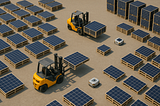 ChatGPT generated landscape top-down view of a logistics chain for solar panel staging, with forklifts, panel pallets, and robots in action — highlighting the choreography of automation