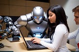 Robot AI observing a female student as she types into a laptop