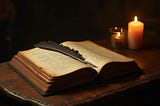 A handwritten journal sitting open on an old table, candles setting off to the side, and a feathered quill between the pages